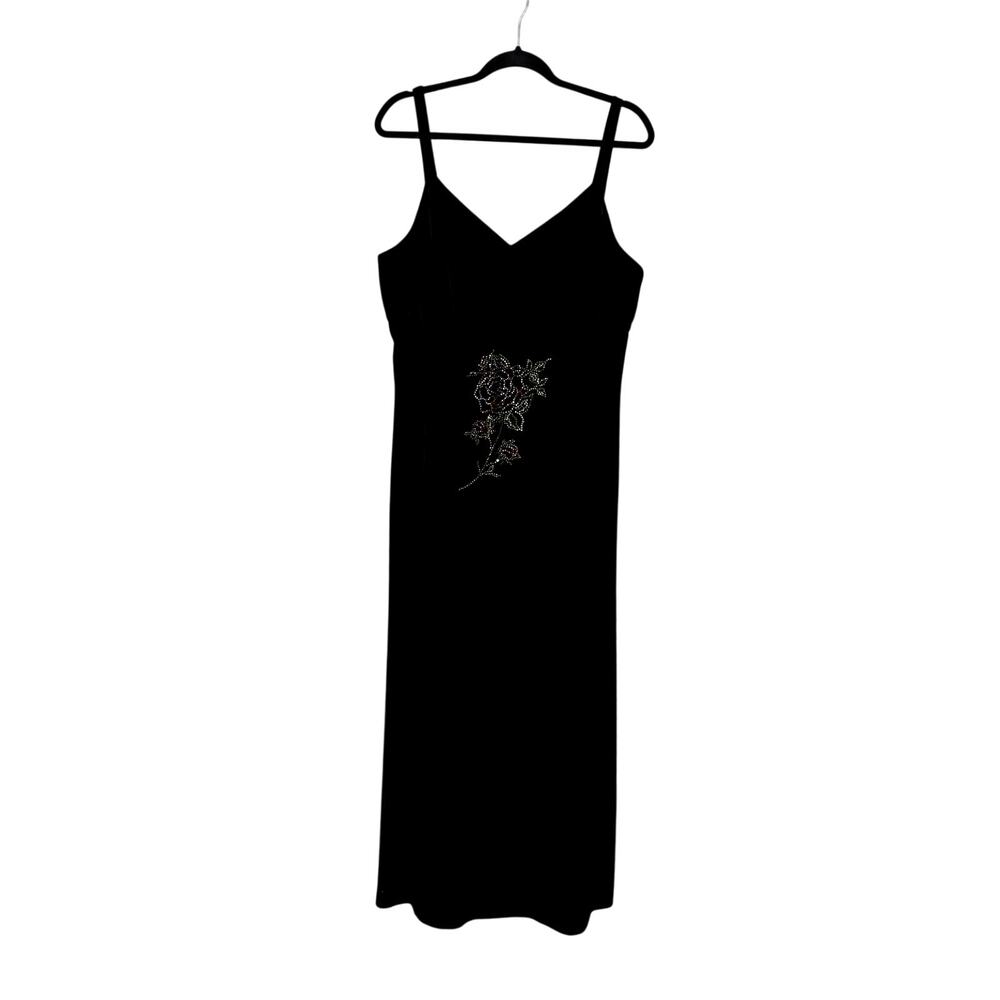 Vintage After Five by Jean Claire Black Velvet Formal Maxi Dress Rhinestone US18